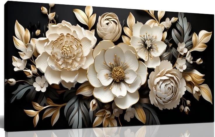 Trogonup Large Gold and Black Flower Wall Art for Bedroom Botanical Picture Modern Artwork for Living Room Office Teen Girls Room Kitchen 20L" x 40W"