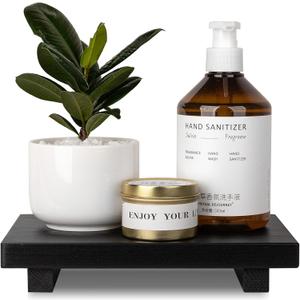 Bathroom Counter Organizer Wood Pedestal Stand Farmhouse Decorative Tray Soap Holder for Kitchen Decor, 9" x 6" - Black