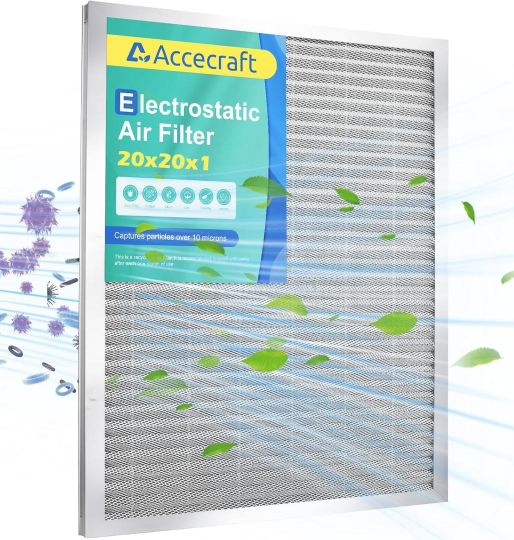 20x20x1 Electrostatic Air Filter, Washable & Reusable Aluminum AC/HVAC Furnace Filter, MERV 8, Lasts a Lifetime, Healthier Home or Office(Actual Size: 19.75"x19.75"x0.86")