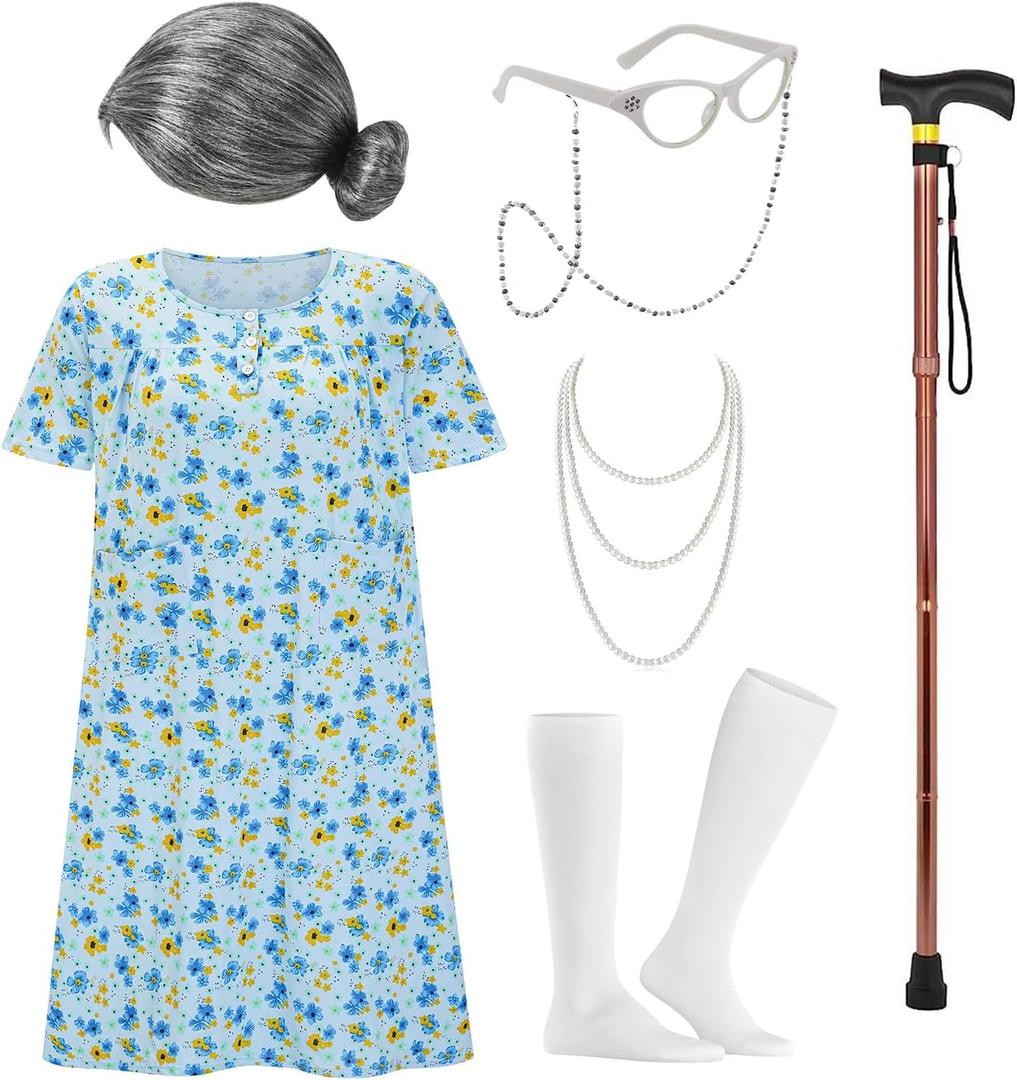 Old Lady Costume for Women, Adult 100 Days of School Adult 100 Days of School Costume Grandma Dress Up Costume Accessories, One Size
