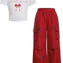 RoseSeek Girl's 2 Piece Summer Outfits Short Sleeve Ruched Basic Tess and Camo Cargo Pants Sets Trendy 11Y