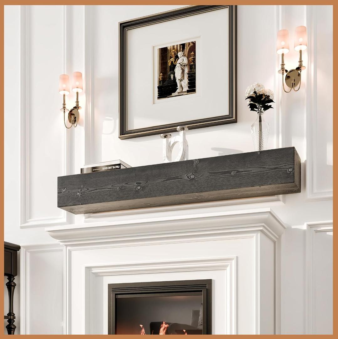 Avana Handcrafted Natural Wood Fireplace Mantel - 48 Inch Mantel Shelf - Farmhouse, Floating - Grey