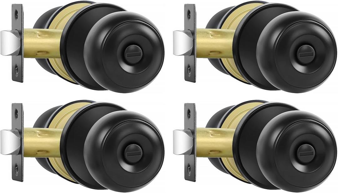 RAZCC Privacy Door Knobs, 4 Pack Matte Black Door Knobs with Lock, Bed and Bath Door Knob Interior Keyless Locksets, Round Door Handles Reversible for Left Right Handed Doors