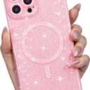 for iPhone 14 Pro Max Case Glitter Compatible with Magsafe, Girly Cute Sparkly Magnetic Mag Safe Pretty Phone Case for Women, Bedazzled Bling Sparkle Slim Bright Silicone Rubber, Light Pink