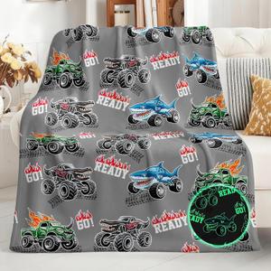 Truck Shark Glow in The Dark Blanket Truck Toys Gifts for Kids Boys Teens Age 1-16 Years Old Toddlers Birthday Christmas Halloween Excavator Construction Tractor Car Throw Room Decor Grey 50"x 60"