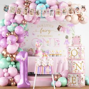 Fairy First Birthday Decorations 167Pcs Floral Fairy Themed 1st birthday Party Decorations Include Banner Balloon Arch Kit Boxes Backdrop Cake Topper Paper Tassels for Birthday Party Decorations