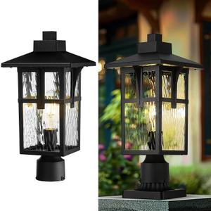 zeyu 16.7 Inch Outdoor Pole Light, Lamp Post Light Fixture for Garden Pathway, Die-Cast Aluminum with Water Ripple Glass, Black Finish, ZX1P-SW BK