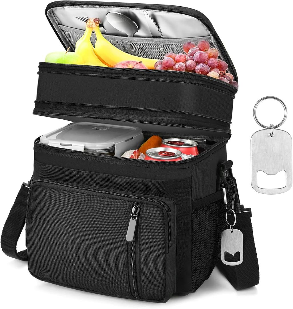 LOKASS Lunch Bag & Lunch Box for Men Women - Double Deck Expandable Insulated Waterproof Leakproof Cooler Bag for Work/Picnic - Black
