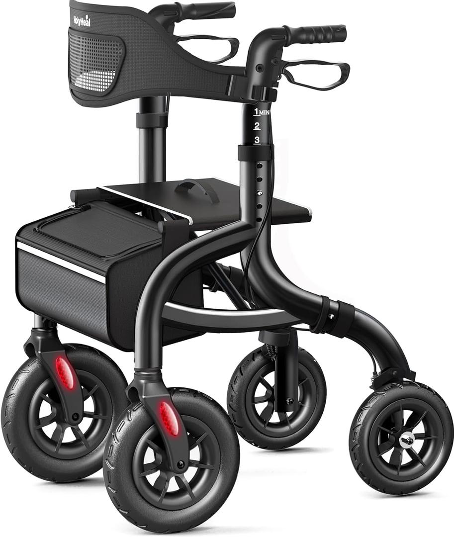 Walkers for Seniors, Rollator Walker with Seat and Backrest, 10" Big Wheels All Terrain, Rolling Walker Foldable Supports 350lb, Lightweight & Height Adjustable, Cane & Cup Holder, Black
