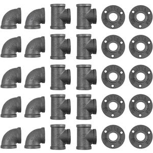 30 Pack 3/4 Inch Cast Iron Pipe Fittings (10 Elbows, 10 Tees, 10 Flange), DIY Steampunk Industrial Vintage Style