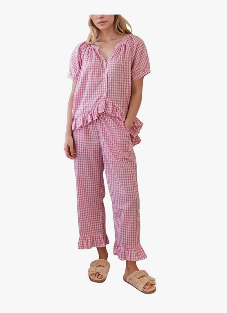 Flygo Womens Plaid 2 Piece Pajamas Sets Gingham Button Down Puff Sleeve Babydoll Shirt Ruffle Pants Y2K Pjs Lounge Set Size S Pink Flygo Womens Plaid 2 Piece Pajamas Sets Gingham Button Down Puff Sleeve Babydoll Shirt Ruffle Pants Y2K Pjs Lounge Set Size S Pink