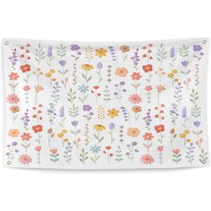 QGFM Wildflower Nursery Wall Decor, Girls Room Wall Decor, Boho Floral Nursery Tapestry Wall Hanging for Toddler Baby Girl Room Bedroom Playroom Decor, 35x59 Inches