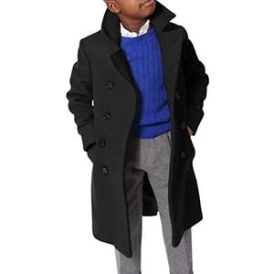 Ebifin Boys Notch Lapel Double Breasted Long Trench Coat Casual Classic Peacoat, Black, Size: 11-12 Years