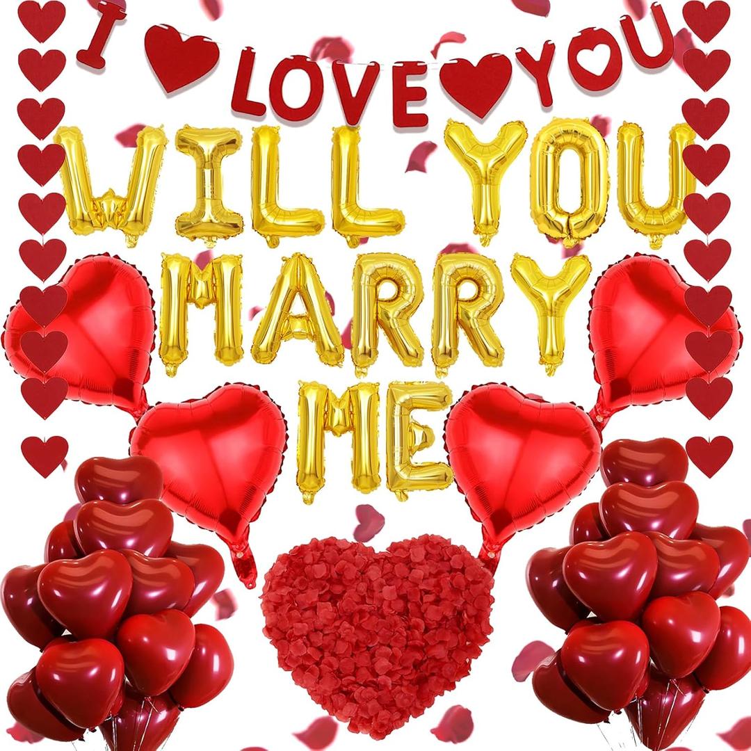 Will You Marry Me Balloons - 545 Pcs Gold Letter Heart Foil Balloons Banner Rose Petals Hanging Streamer Garland Valentines Day Decorations For Engagements Wedding Proposals Romantic Special Night