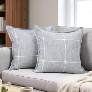 Decorative Linen Cotton Pillow Covers Embroidery Plaid Square Farmhouse Throw Pillows Cases Check Cushion Cover Sham for Couch Sofa Chair Bed Living Room Home Decor, 18 18 Inch 2 Pack Grey