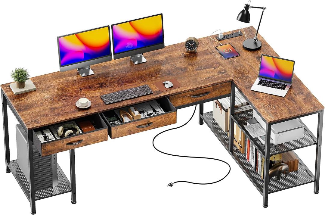 PRAISUN 63 Inch L Shaped Office Desk with Power Outlets and Type-C Port, Large Computer Gaming Desk with 3 Fabric Drawers, Mesh Shelves, Corner Study Work Writing Desk, Rustic Brown