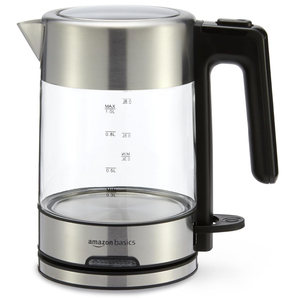 Basics Electric Kettle with Glass Carafe for Tea and Coffee, Fast Boiling, Auto ShutOff, BoilDry Protection, Temperature Control, Removable Filter, 1 Liter, 1500W, BPAFree
