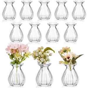 12 Pieces Glass Bud Vases for Centerpieces Bulk Mini Flower Bouquets Vases Small Cute Crystal Ribbed Glass Bud in Bulk for Wedding Baby Bridal Shower Table Party Home Decor (Clear)