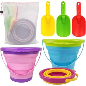 Collapsible Beach Pail Bucket, 3pcs Fordable Sand Buckets and Shovels with Mesh Bag Collapsible Sand Toys for Beach Party Favors for Kids for Beach Camping Travelling