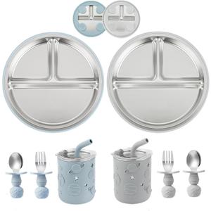 3 x PandaEar Stainless Steel Baby Feeding Set | 2 Divided Suction Plates, 2 Spill-Proof Straw Cups with Silicone Sleeves, 2 Forks & 2 Spoons | Toddler Utensils for Baby Led Weaning, BPA-Free (Blue & Grey)
