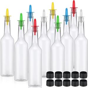 Tioncy 10 Sets 15oz Plastic Liquor Bottles with Pourers Sets 10 Plastic Long Neck Syrup Bottles with Pourer and Caps Reusable Leakproof for Home Party Bar (Multicolor) (red, yellow, blue, green, transparent)