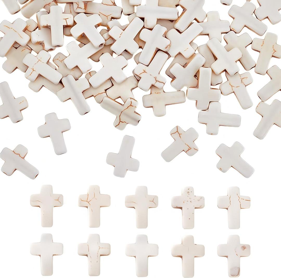 100pcs White Turquoise Cross Spacer Beads 12x16mm Semi Precious Stone Bead Easter Cross Gemstone Loose Beads for Jewelry Making Charms Beading Bracelets Necklaces Earrings Crafts
