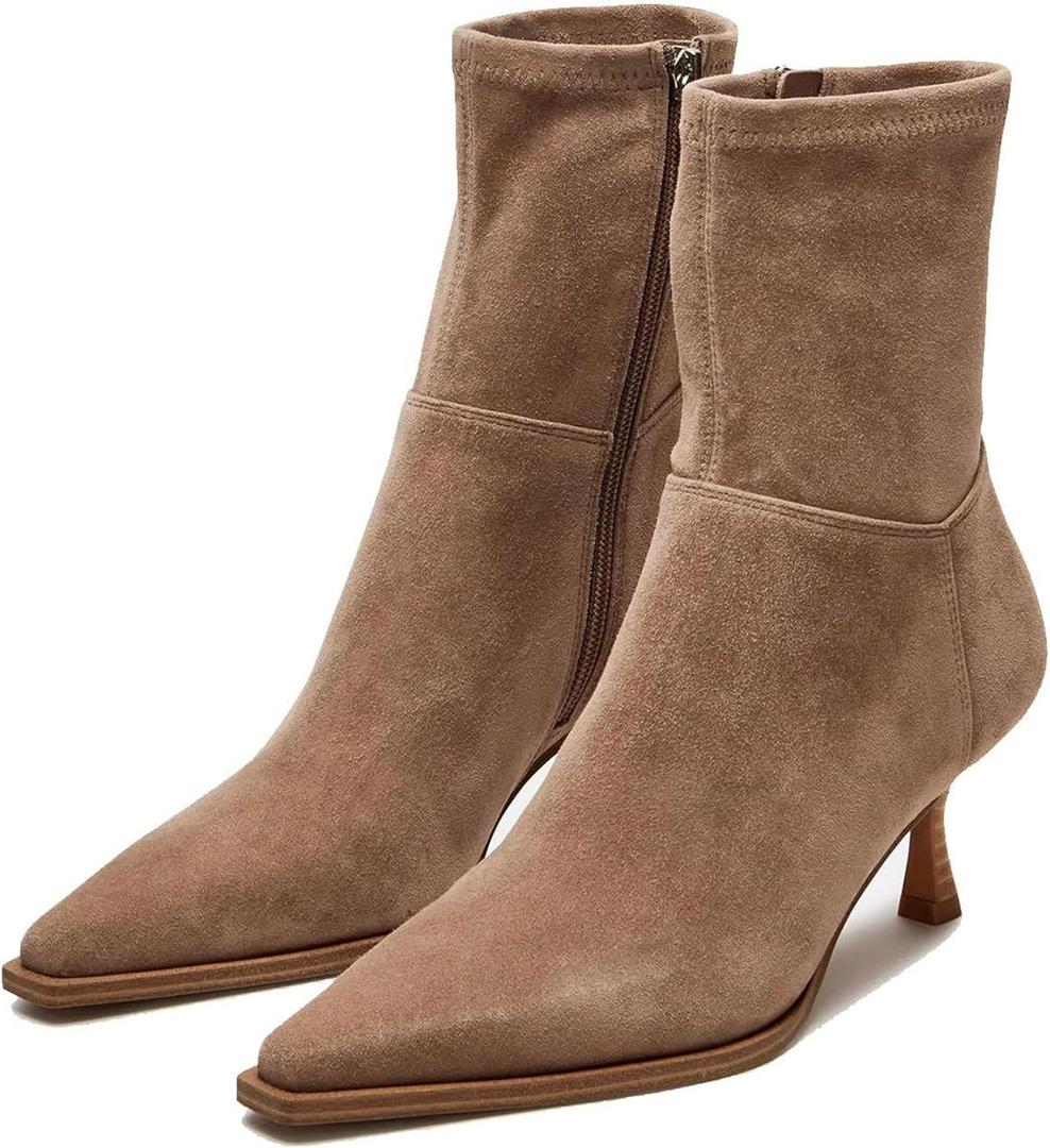 Womens Brown Suede Fall Boots with Side Zip, Ankle, Mid Calf, Pointed Toe, Kitten Heel, Dressy, Short Boots (8.5)
