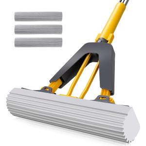 Masthome Sponge Mop,Roller Sponge Mop with 3 Absorbent PVA Mop Refills,Self Squeeze Sponge Mops and Stainless Steel Handle,PVA Sponge Mops for Floor Cleaning