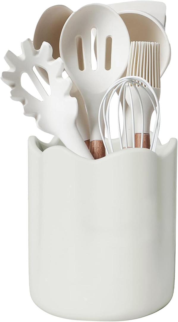 Large Utensil Holder for Kitchen Counter, Ceramic Kitchen Utensil Crock with Protection Cork Mat, Modern Cooking Tools Organizer for Countertop, White