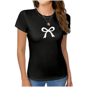RoseSeek Women's Bow Graphic Tee Shirts Short Sleeve Crewneck Cute Going Out Tops size M