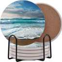 Ocean Coastal Theme Round Coasters Set of 6 - Abosrbent Ceramic Coasters with Metal Stand for Drinks, Beer, Coffee, Non-Slip Cork Back for Tabletop Protection, 4 Inches (Beach)