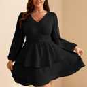 RWJ Plus Size Dresses for Curvy Women V Neck Long Sleeve Elastic Waist Fall Wedding Guest Layer Casual Mini Dress (Black, L)