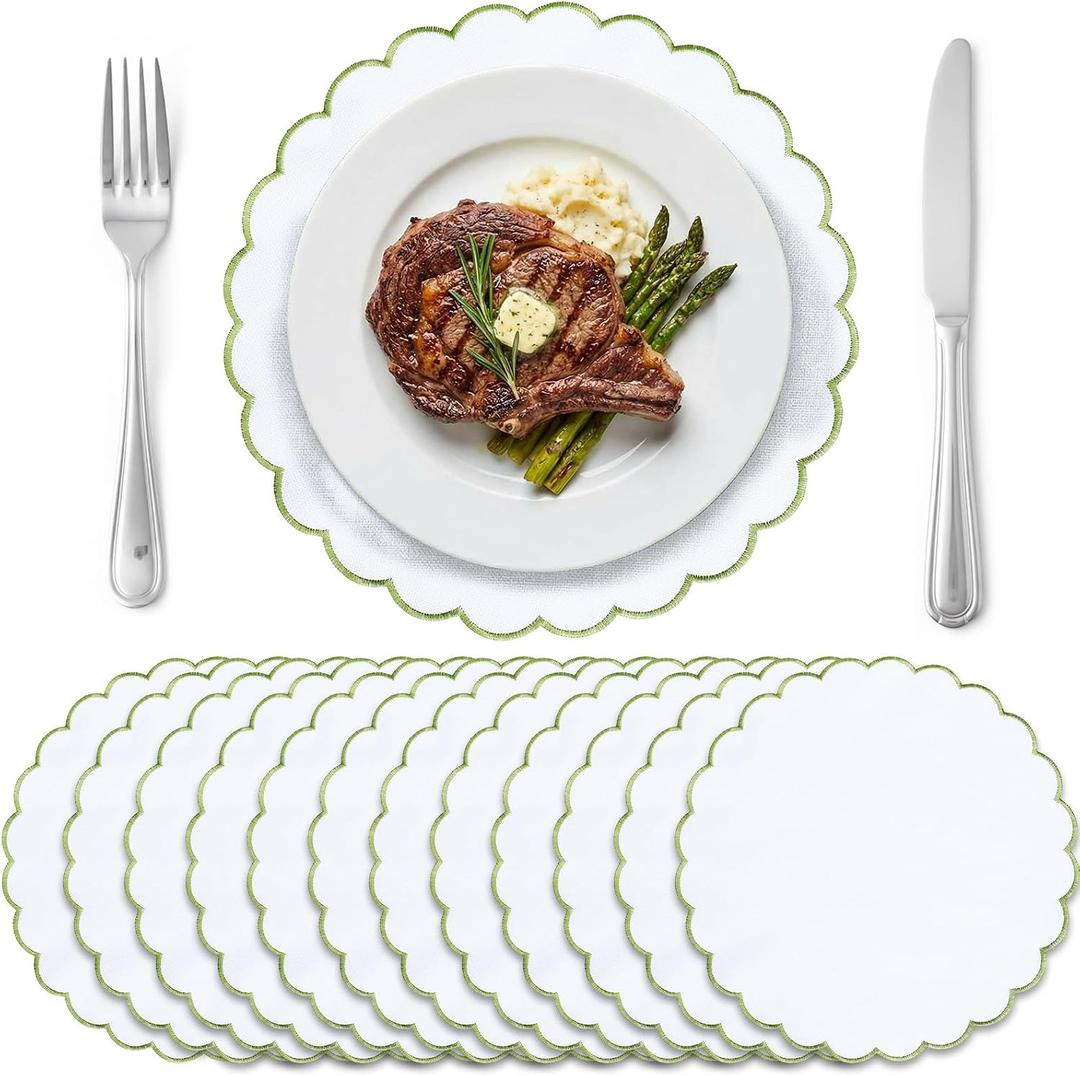 Set of 12 White Cotton Placemats 15 Inch Round Scalloped Embroidery Placemats Washable Double Layered Rustic Table Mat Fabric Napkins for Wedding Table Decor