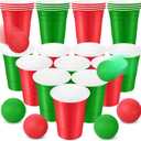 Foilswirl 32 Pcs Christmas Party Game Set Include 16oz Red Green Plastic Cups with 8 Balls, Beer Cups for Xmas Holiday House Party Favor Birthday BBQ Outdoor Toss Game Supplies