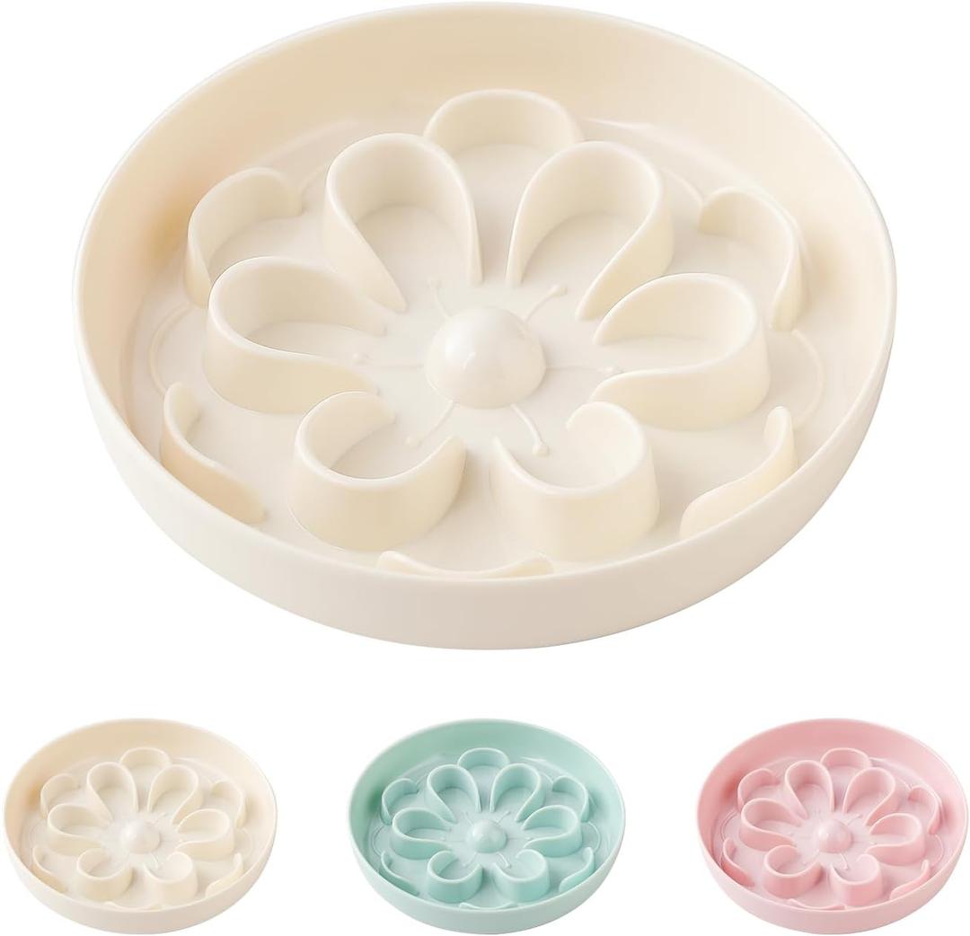 Melamine Slow Feeder Cat Bowl - Cute Blossom Maze Cat Dish - Fun Interactive Plate for Dry & Wet Food - Whisker Friendly - Dishwasher Safe - 6.3''W x 1.1''H
