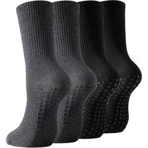 Non Slip Grip Socks for Men, 4 Pairs Mens Grippy Pilates Yoga Hospital Gym Athletic Running Crew Socks (9-12, 4 Pairs-2 Black+2 Dark Grey)