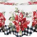 Newbridge Poinsettia Festivity Gingham Bordered Christmas Fabric Tablecloth, Holiday Red Poinsettia & Holly Print, Easy Care Stain Release, 60 x 84 Inch Oval (Multi Color)