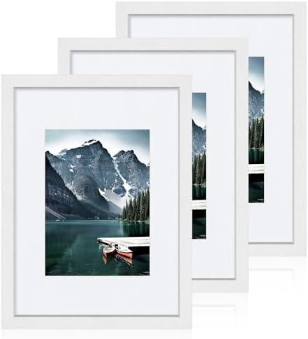 Hongkee 9x12 White Picture Frames set of 3, Made of Wooden and Glass Photo frame - Displays Picture 6x8 with Mat or 9 x 12 without Mat, Desktop & Wall Collage Frame set