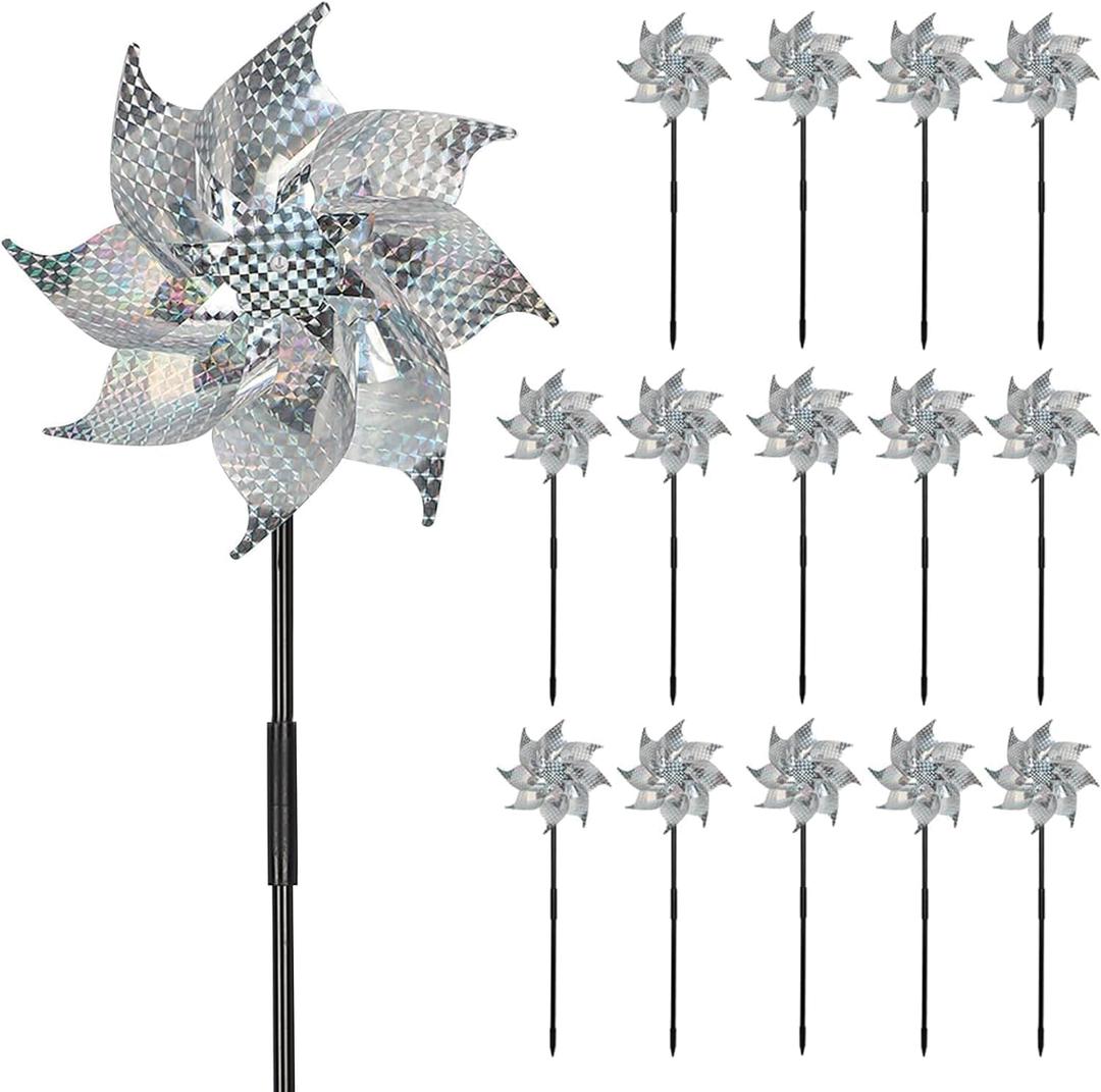 MorTime 15 Pack Reflective Pinwheels with Stakes, 18.5" Plastic Bird Blinder Sparkly Pin Wheel Scare Birds and Animals Away Spinner Pinwheels for Lawn Yard Garden Farm