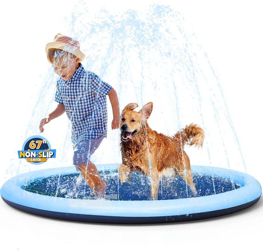 VISTOP Non-Slip Splash Pad for Kids and Dog, Thicken Sprinkler Pool Summer Outdoor Water Toys - Fun Backyard Fountain Play Mat for Baby Girls Boys Children or Pet Dog (67 inch, Blue & Blue)