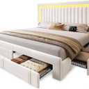 YITAHOME King Size Bed Frame with Adjustable Headboard, 4 Storage Drawers and RGB LED Lights, Velvet Upholstered Platform Bed with USB Ports, No Box Spring Needed, Fast Assembly, Noise-Free, White