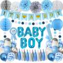 Blue Baby Shower Decorations for Boy Set with Its a Boy Banner Baby Boy Letter Foil Balloons Mom to Be Sash Dad to Be Pin Paper Pom Poms for Gender Reveal Decorations