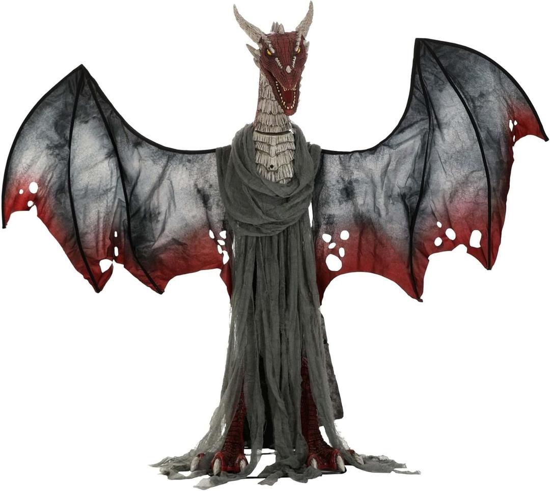 Fun Costumes 6FT Scary Brimstone Dragon Outdoor Halloween Decoration, Motion Activated Light-Up Eyes Animated Head and Wings