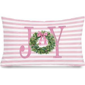 Coquette Pink Bow Christmas Wreath 12x20 Pillow Cover, Preppy Christmas Decor, Girly Pink Striped Joy Xmas Holiday Decorative Throw Pillow Covers Pillowcases for Girls Room Dorm Apartment