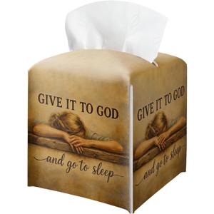 Praying Hands Oil Painting Tissue Box Cover, Give It to God and Go to Sleep Square PU Leather Tissue Holder, Religious Christian Wall Art Style Decor for Bedroom, Bathroom & Living Room