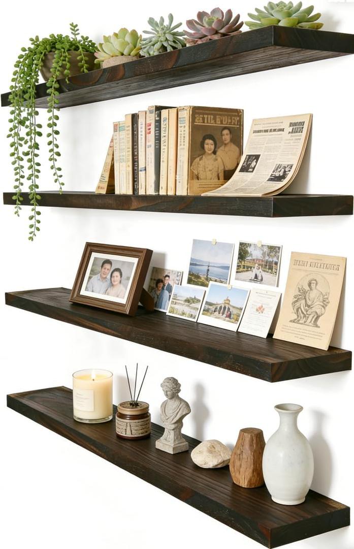 Brown Wood Floating Shelves For Wall Shelves For Bedroom, 24 Inch Set Of 4