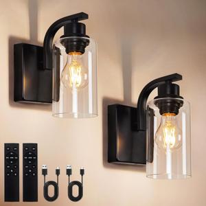 Set of 2 Wall Sconces for Bathroom with Remote, Modern Vanity Lights with Clear Glass Shade, Bedside Wall Lamps with Rotary Switch, LED Wall Lights Indoor for Mirror Living Room Hallway