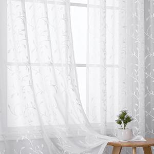 VISIONTEX White Sheer Voile Curtains, Decorative Beige Leaves Embroidery Faux Linen Rod Pocket Window Drapes for Home Kitchen, Living Room and Bedroom 54 x 63 Inch, Set of 2 Curtain Panels (Vines Mini-white)