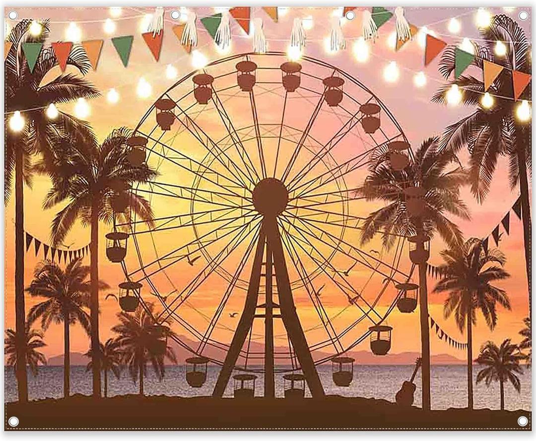 Fabric 10x8ft Summer Seaside Ferris Wheel Photography Backdrop Sunset Hawaiian Beach Palm Tree Background Festival Party Decoration Holiday Photo Banner Booth