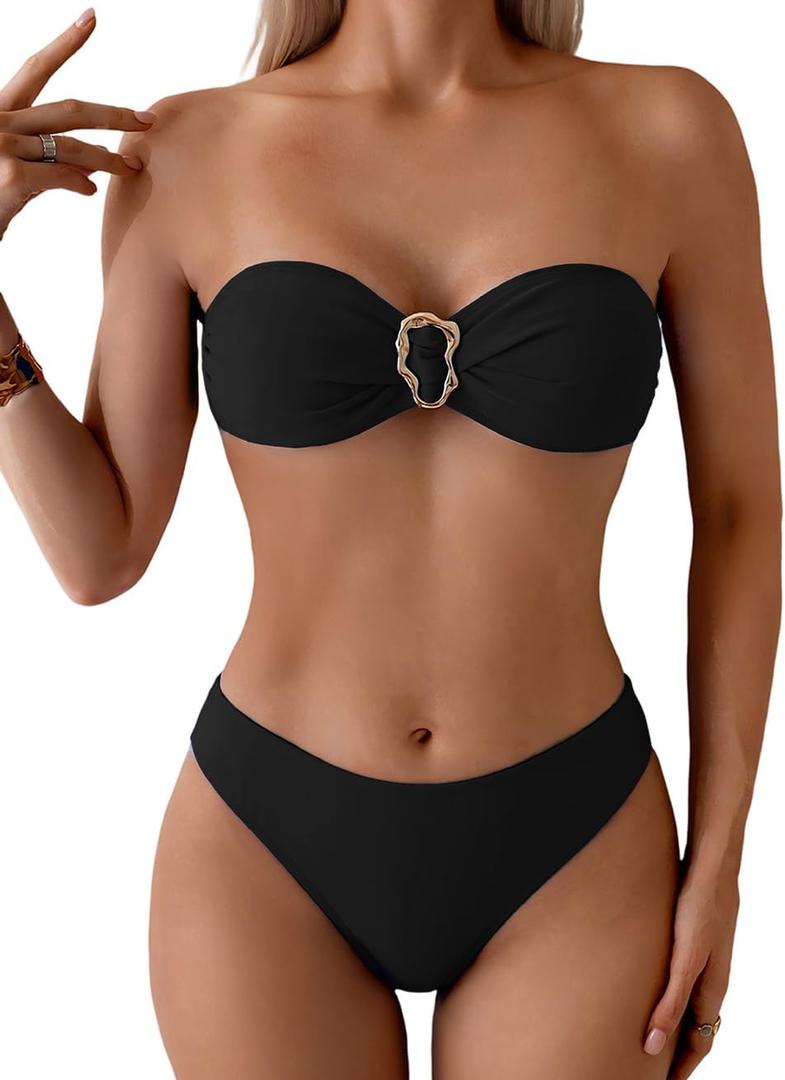 Tainehs Women's Strapless Bikini Sets Tube Top Bandeau Swimsuit Tie Back Mid Rise Two Piece Bathing Suits (Medium, Black)